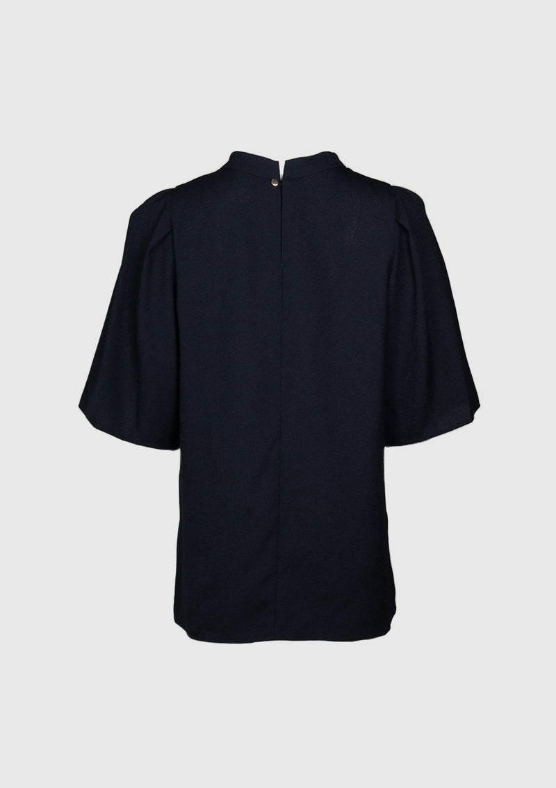 Band Collar Gathered Sleeve Blouse in Navy