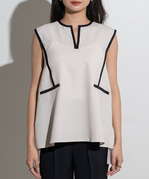Contrast Piping Sleeveless Blouse in White