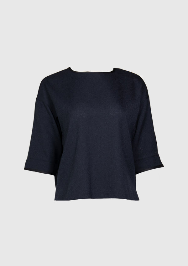 Contrast Piping Half Sleeve Blouse in Navy