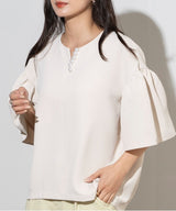 Faux Pearl Gathered Sleeve Blouse in White