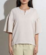 Faux Pearl Gathered Sleeve Blouse in White