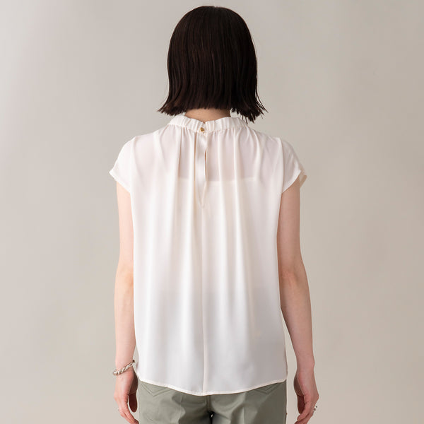 Stand Collar Gathered Blouse in White