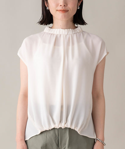 Stand Collar Gathered Blouse in White