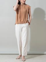 Stand Collar Gathered Blouse in Beige