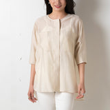 Collarless Concealed Placket Shirt in Beige