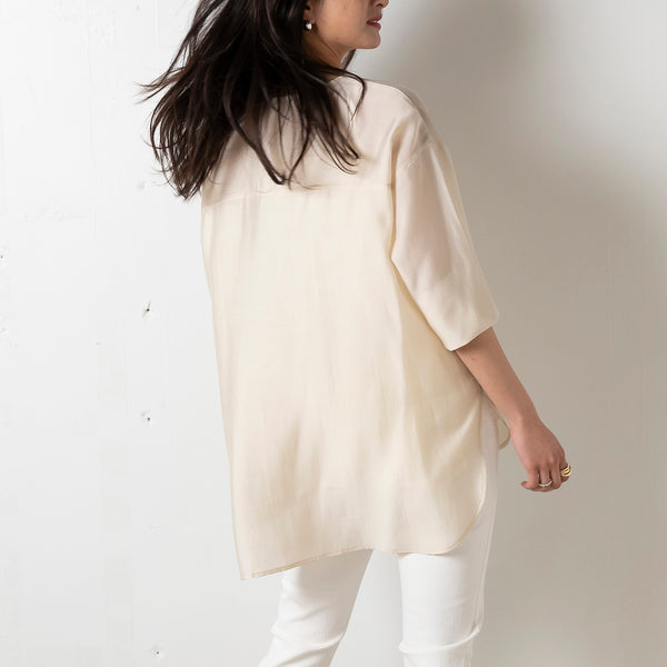 Collarless Concealed Placket Shirt in Beige