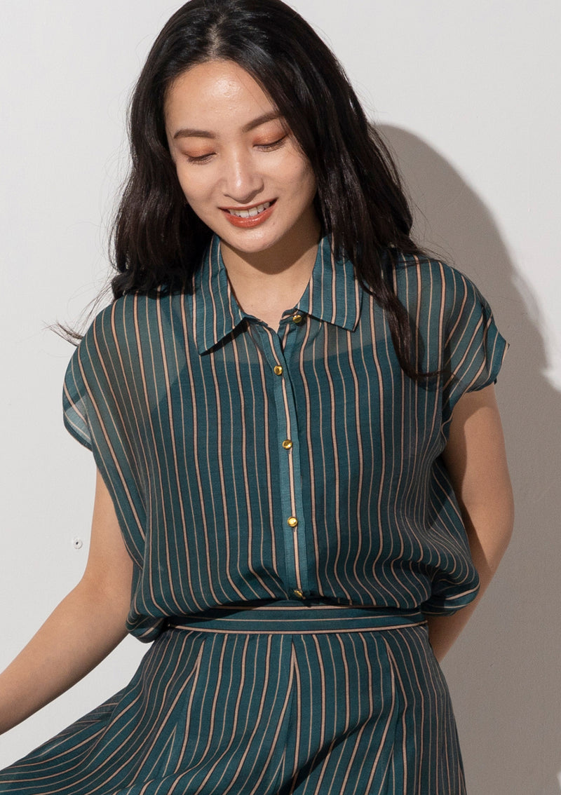 Collared Sheer Striped Blouse in Green