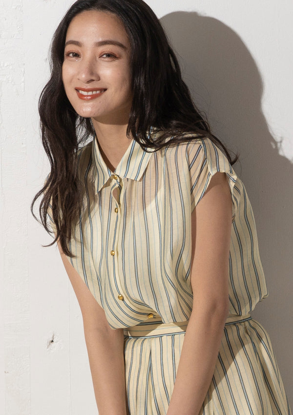 Collared Sheer Striped Blouse in Yellow