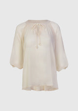 Round-Neck Gathered Sheer Willow Blouse in Beige