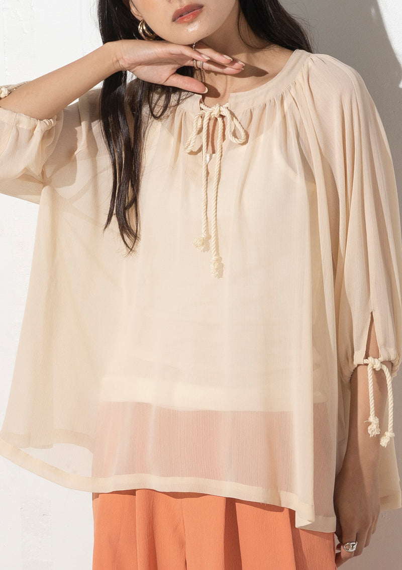 Round-Neck Gathered Sheer Willow Blouse in Beige