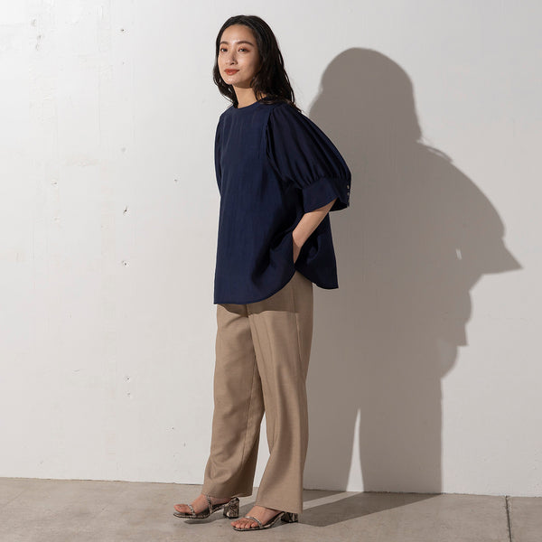 Stand-Collar Puff-Sleeve Sheer Blouse in Navy