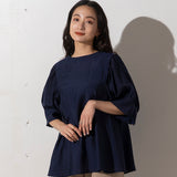 Stand-Collar Puff-Sleeve Sheer Blouse in Navy