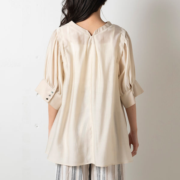 Stand-Collar Puff-Sleeved Sheer Blouse in Beige