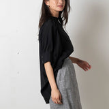 Stand-Collar Puff-Sleeved Sheer Blouse in Black
