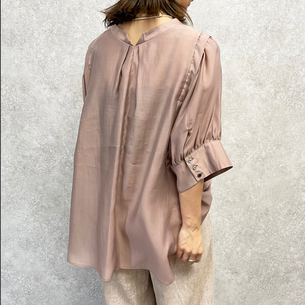 Stand-Collar Puff-Sleeved Sheer Blouse in Pink