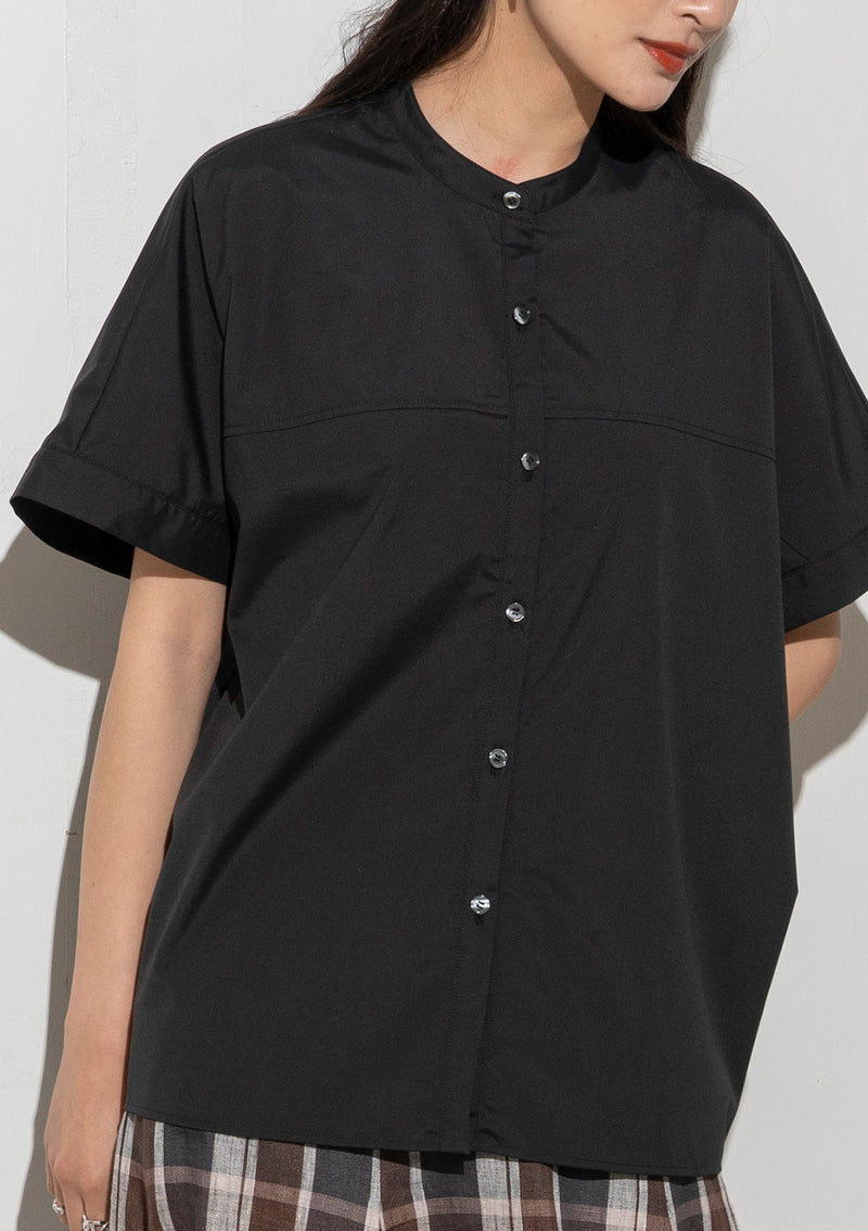 Band Collar Short Sleeve Boxy Blouse in Black