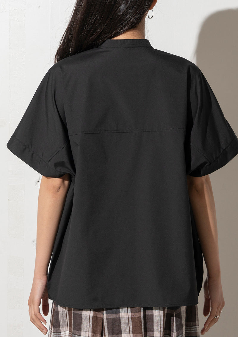 Band Collar Short Sleeve Boxy Blouse in Black