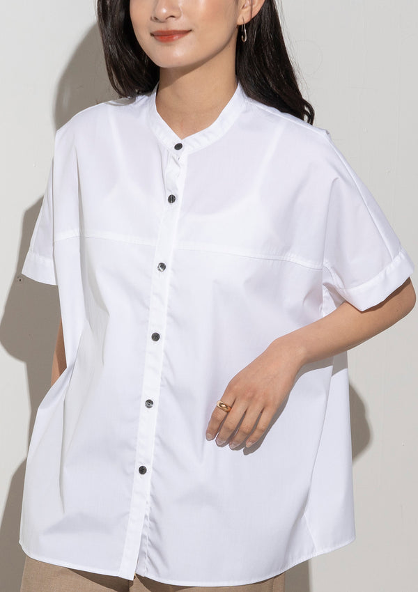 Band Collar Short Sleeve Boxy Blouse in White