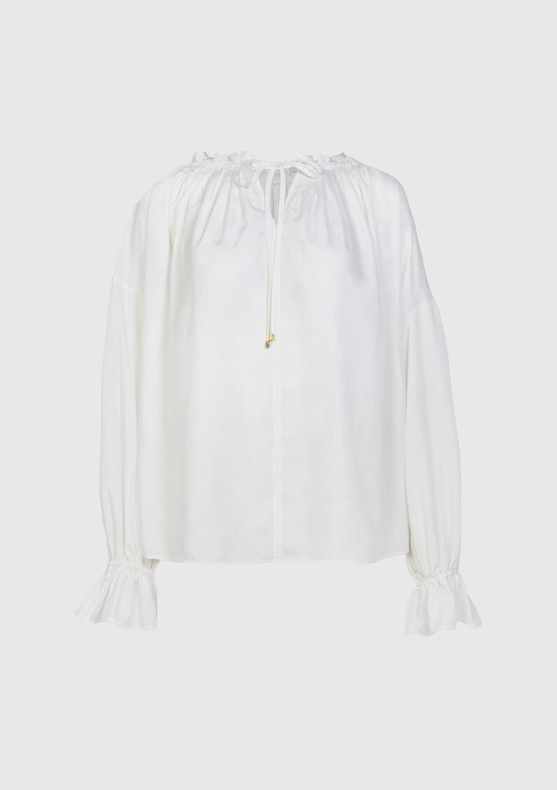 Gathered Neck Puff Sleeve Blouse in White