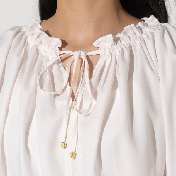 Gathered Neck Puff Sleeve Blouse in White