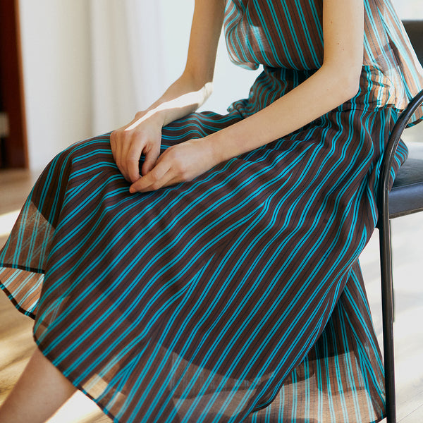 Sheer Stripe Flared Midi Skirt in Brown Stripe