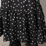 Elastic-Waist Back Tiered Skirt in Black Dot