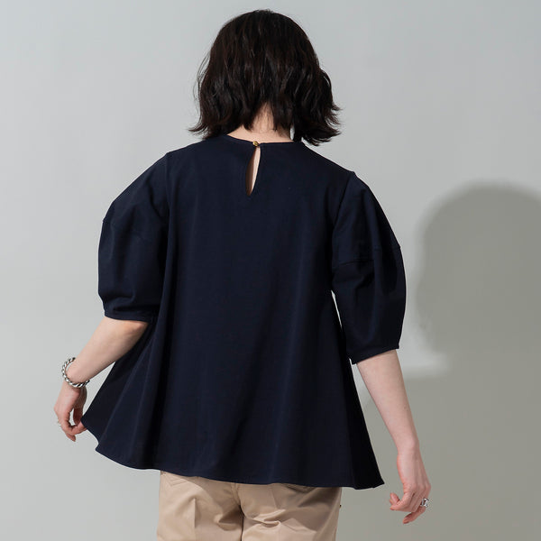 Cocoon-Sleeve Button-Back Flared Blouse in Navy