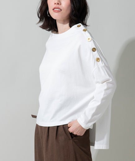 Boat-Neck Button-Shoulder Boxy Tee in White