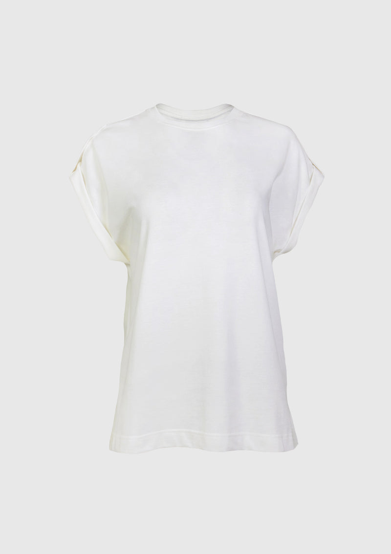 Roll-Tab Cap-Sleeve Cotton Tee in White