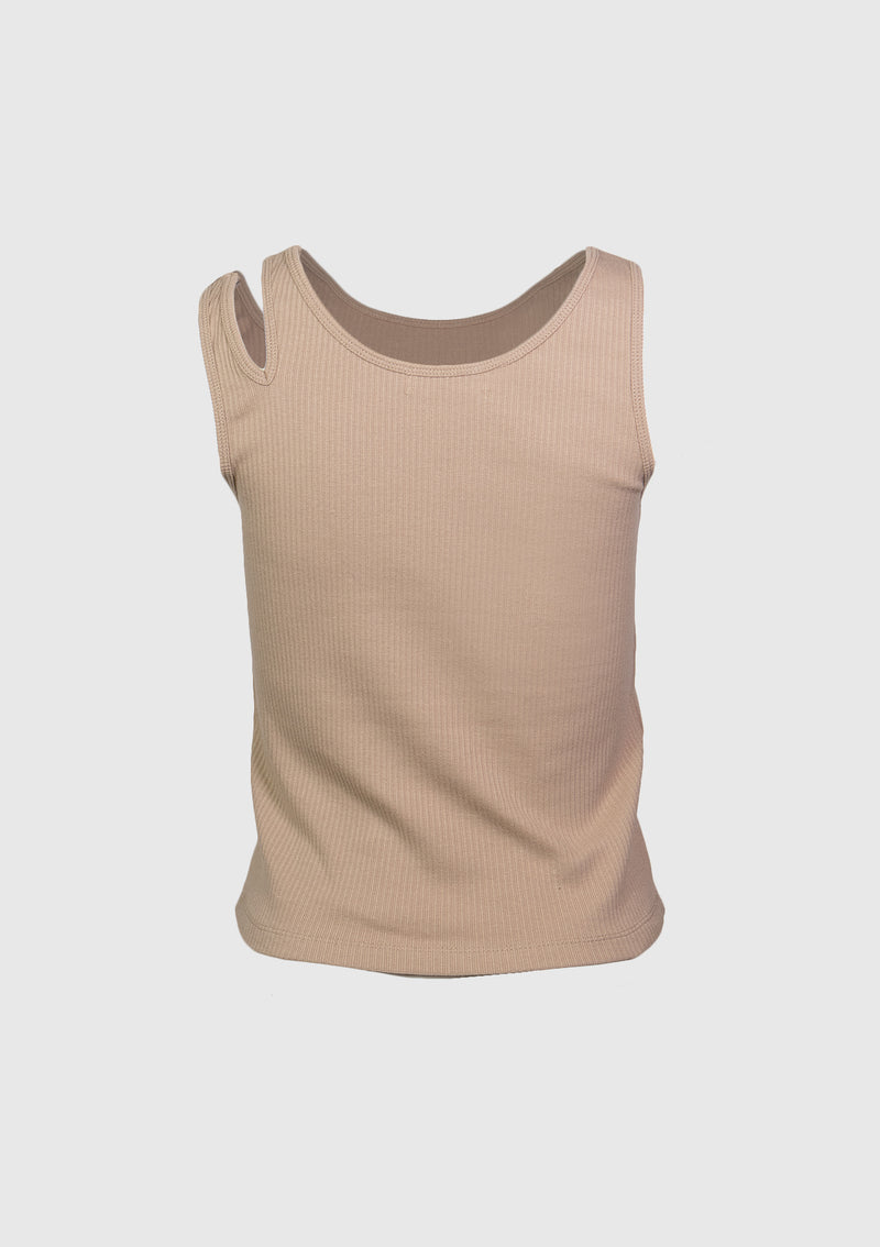 Asymmetric Tank Top with Shoulder Cut-Out in Beige - LUMINE SINGAPORE
