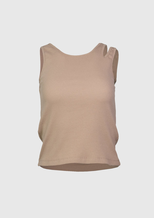 Asymmetric Tank Top with Shoulder Cut-Out in Beige - LUMINE SINGAPORE