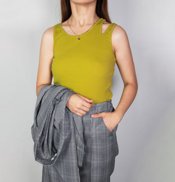 Asymmetric Tank Top with Shoulder Cut-Out in Green - LUMINE SINGAPORE