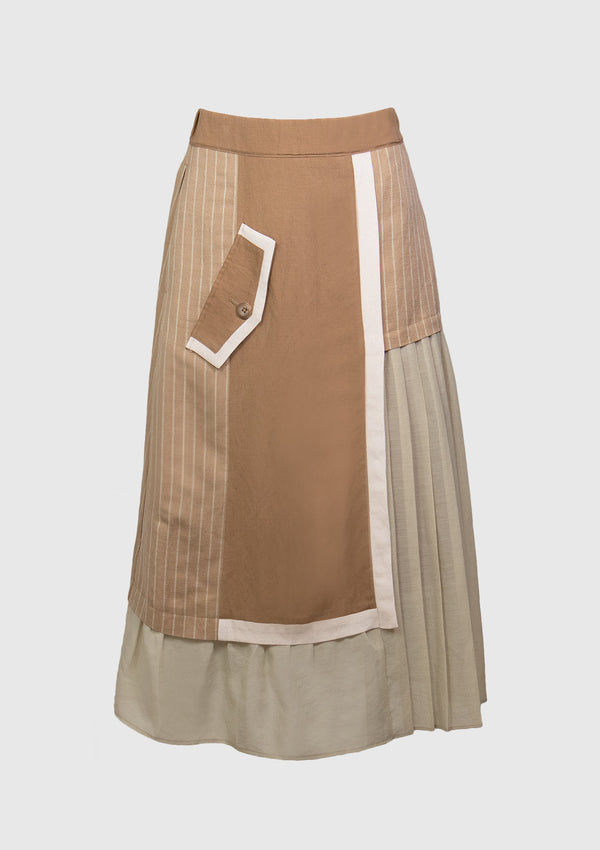 Asymmetric Layered Fabric-Block Midi Skirt in Brown Multi