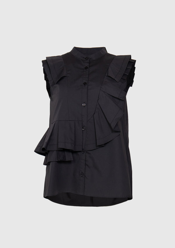 Sleeveless Shirt with Asymmetric Pleat-Ruffle in Black