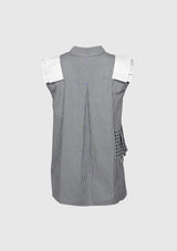 Sleeveless Shirt with Asymmetric Pleat-Ruffle in Black Check