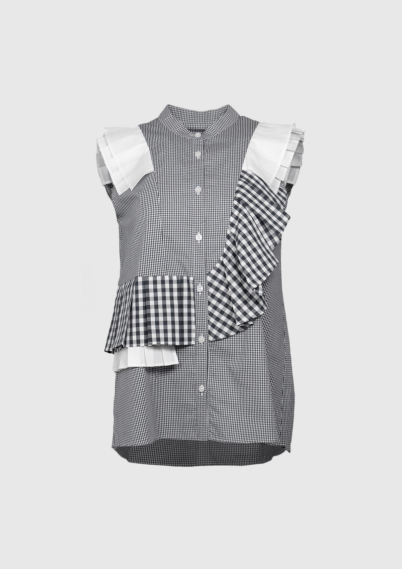 Sleeveless Shirt with Asymmetric Pleat-Ruffle in Black Check