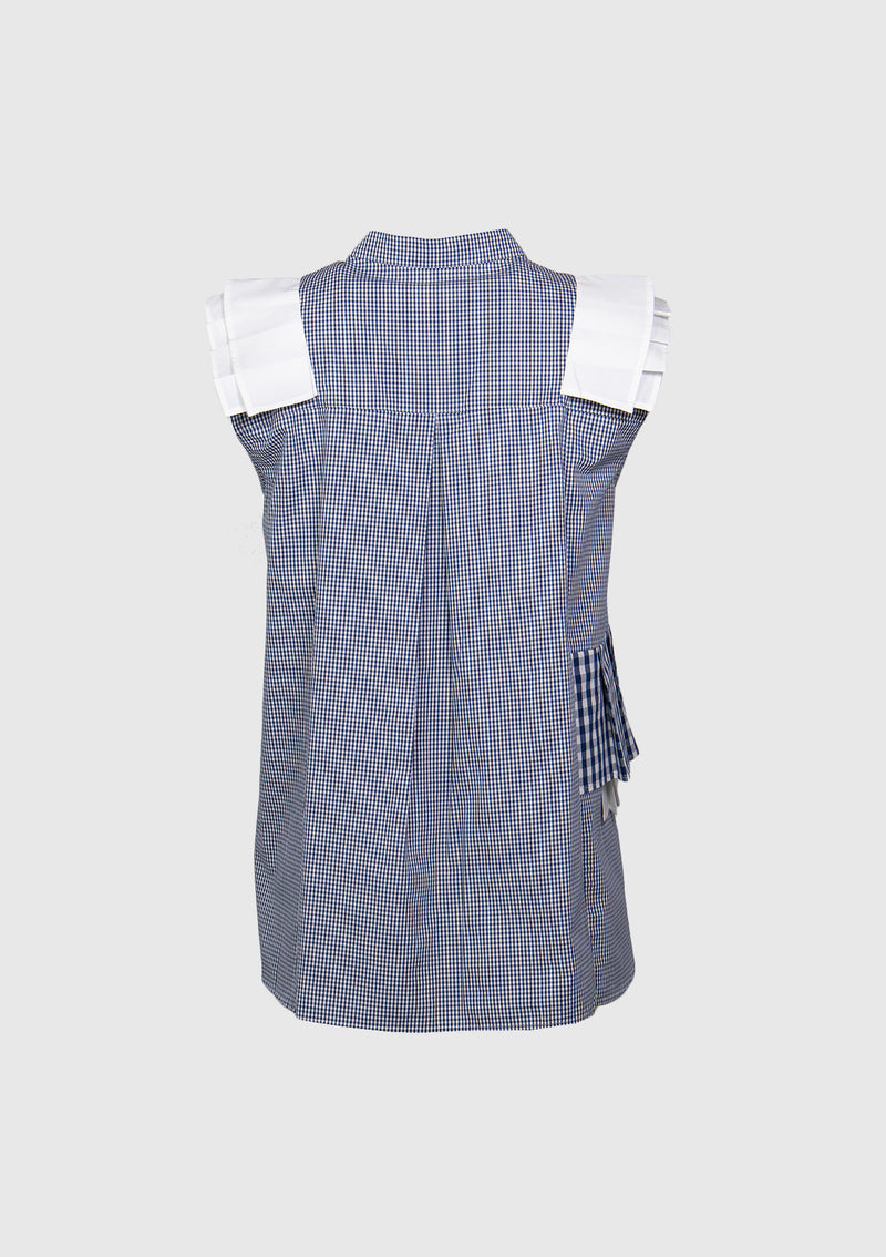 Sleeveless Shirt with Asymmetric Pleat-Ruffle in Blue Check