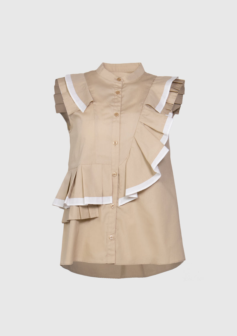 Sleeveless Shirt with Asymmetric Pleat-Ruffle in Beige