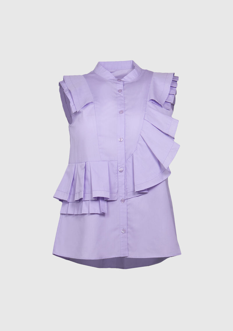Sleeveless Shirt with Asymmetric Pleat-Ruffle in Light Purple