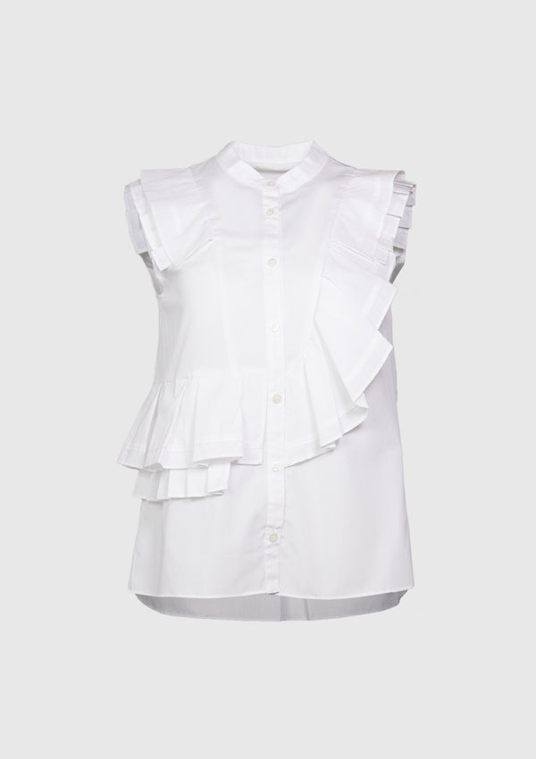 Sleeveless Shirt with Asymmetric Pleat-Ruffle in White