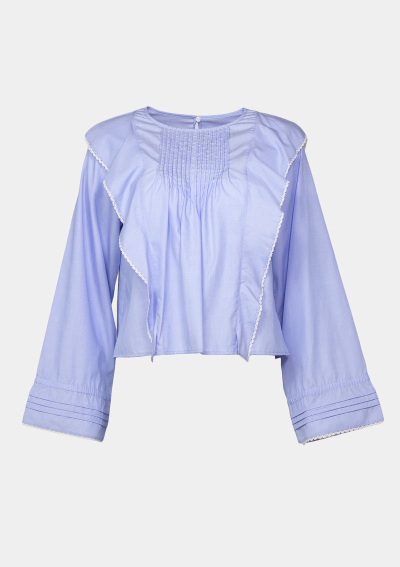 Long-Sleeved Blouse with Pintucks & Ruffles in Blue