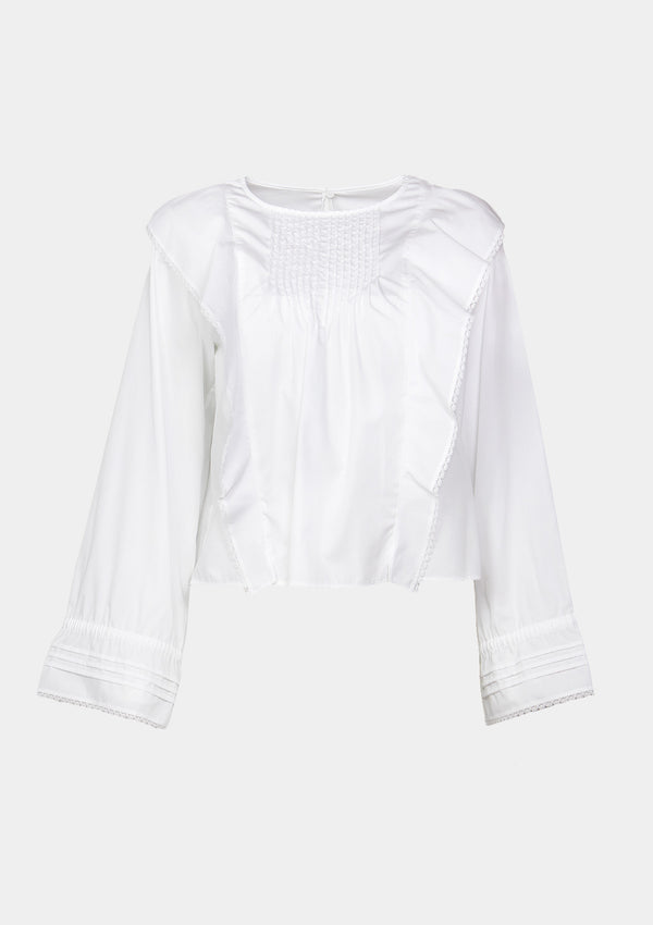 Long-Sleeved Blouse with Pintucks & Ruffles in White