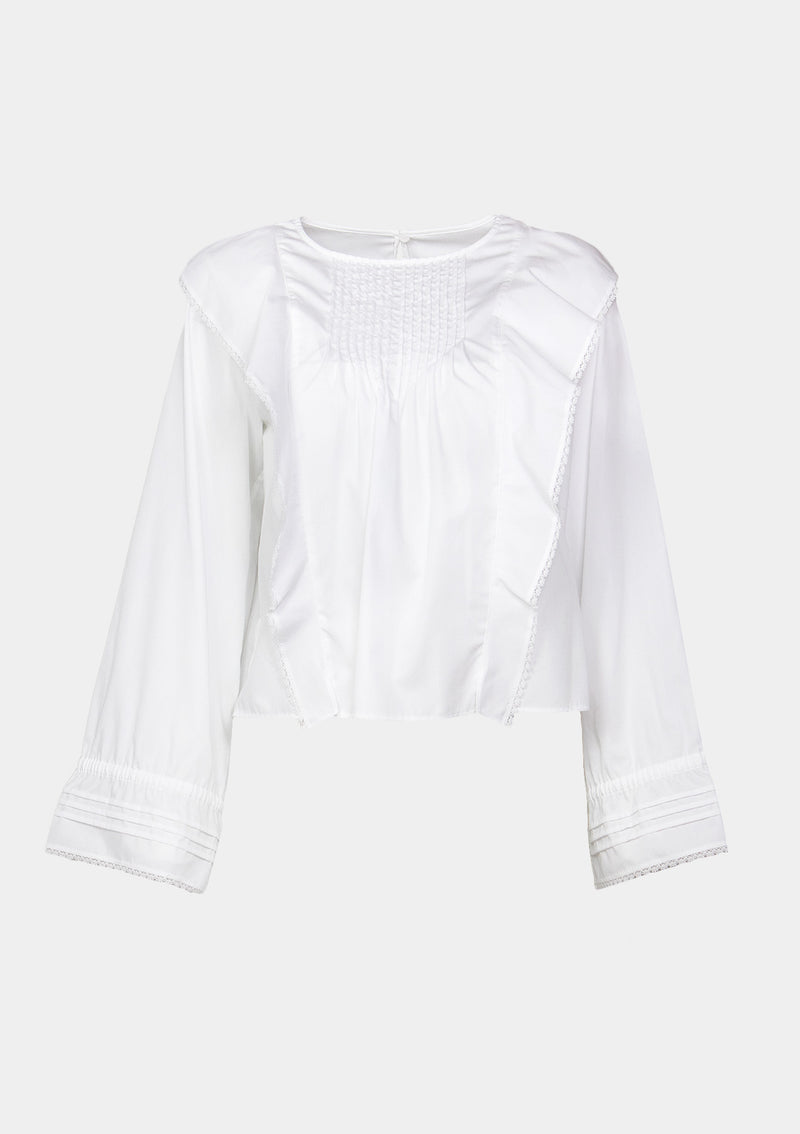 Long-Sleeved Blouse with Pintucks & Ruffles in White