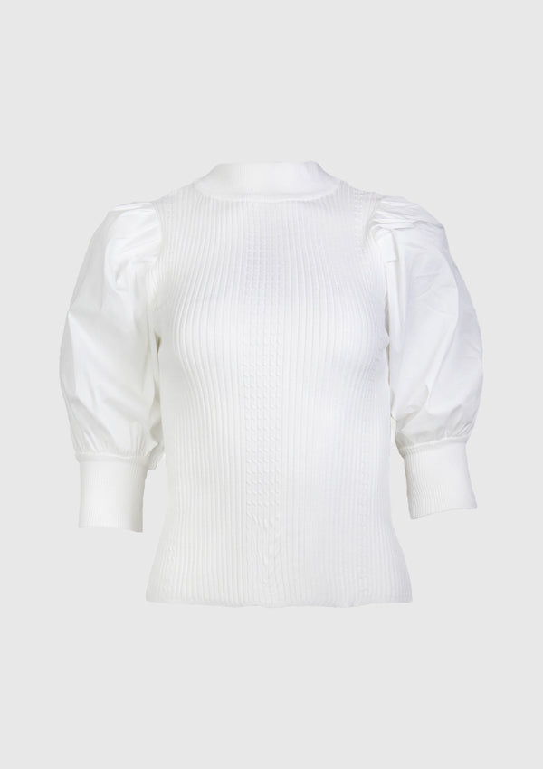High-Neck Balloon Half-Sleeve Rib Knit Pullover in Off White