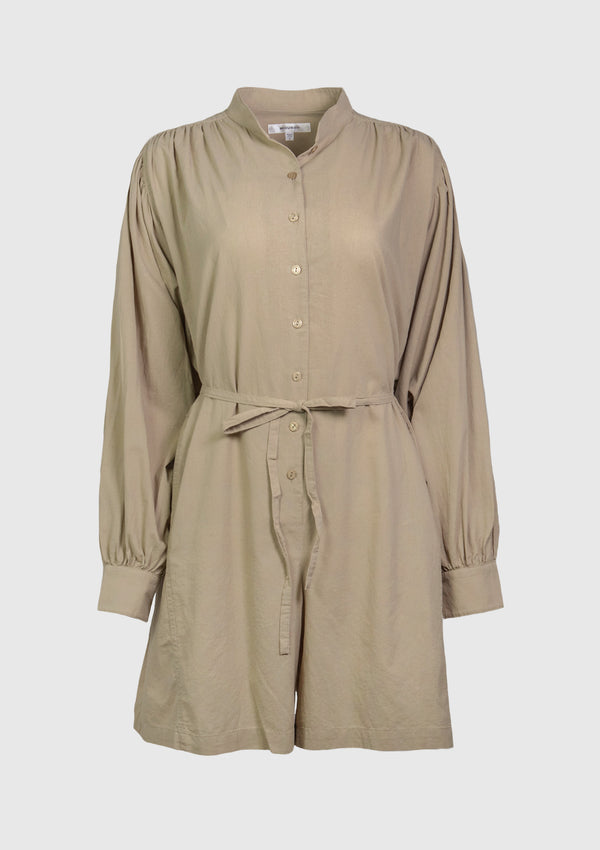 Cotton Band-Collar Puff Long Sleeve Playsuit in Beige