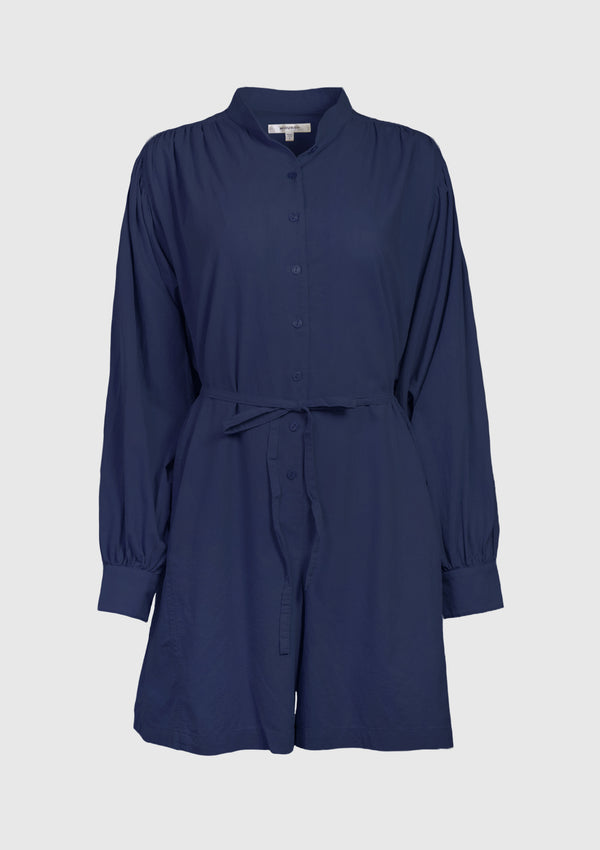 Cotton Band-Collar Puff Long Sleeve Playsuit in Navy