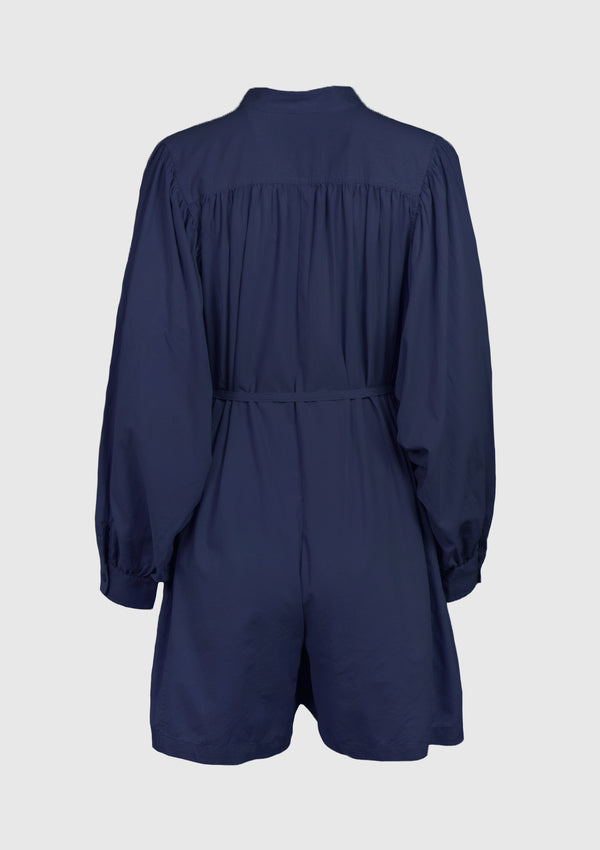 Cotton Band-Collar Puff Long Sleeve Playsuit in Navy