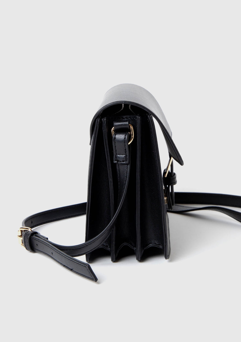 Faux Leather Belt Flap Shoulder Bag in Black