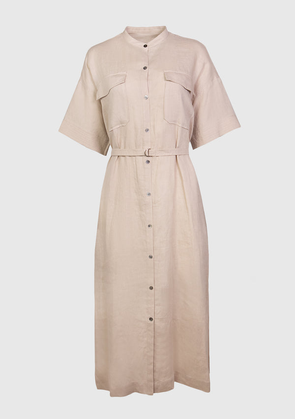 Band-Collar Belted Shirt Dress in Beige