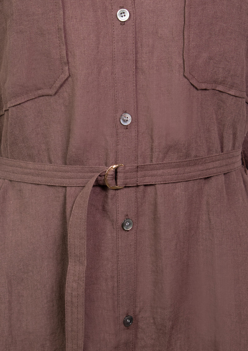 Band-Collar Belted Shirt Dress in Brown